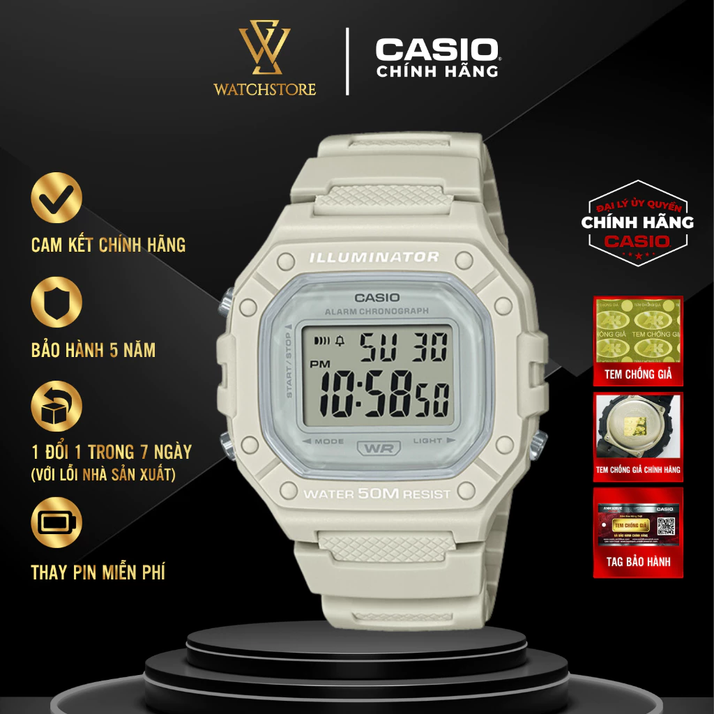 Đồng Hồ Casio W-218HC Màu Trắng Sữa Unisex Chống Nước 5ATM Chính Hãng