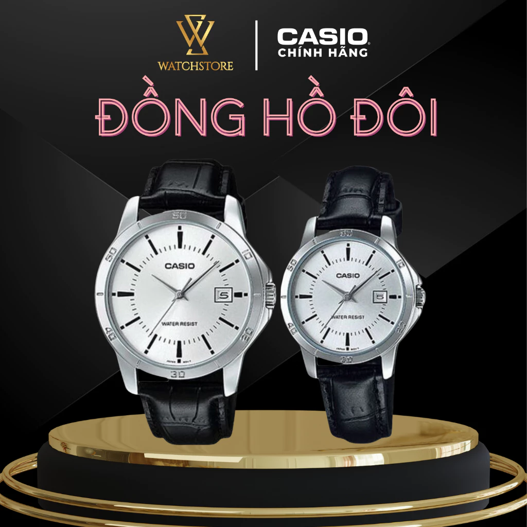 Đồng Hồ Đôi Casio Dây Da Mặt Trắng Kim Đen - Quà Tặng Cặp Đôi Sang Trọng