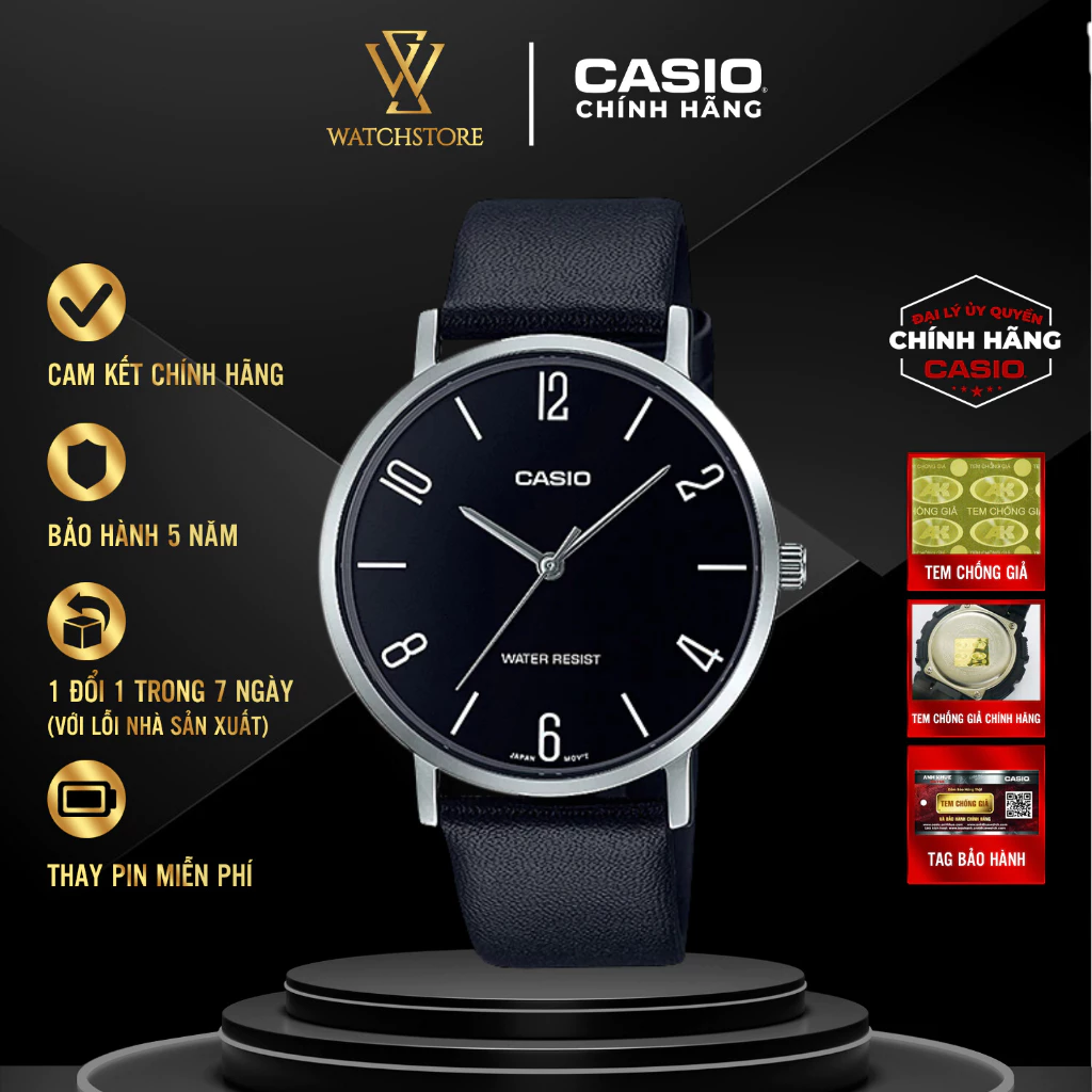 Đồng Hồ Nam Casio Dây Da Mặt Đen 40mm Chính Hãng, Bảo Hành 5 Năm