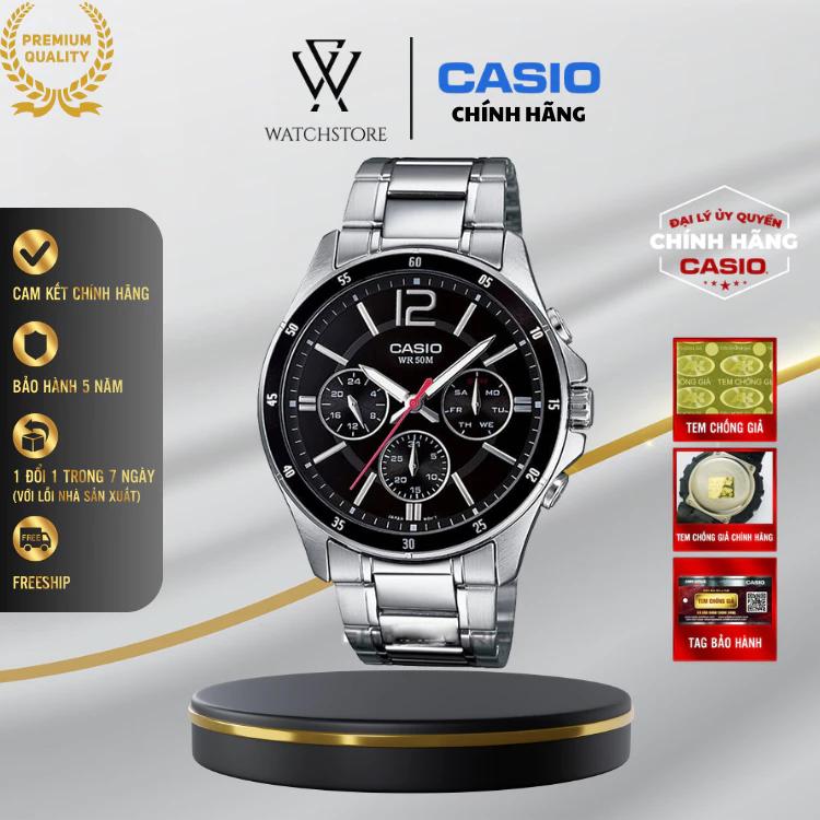 Đồng Hồ Nam Casio MTP-1374D-1AVDF Dây Kim Loại Mặt Đen 43.5mm Chính Hãng