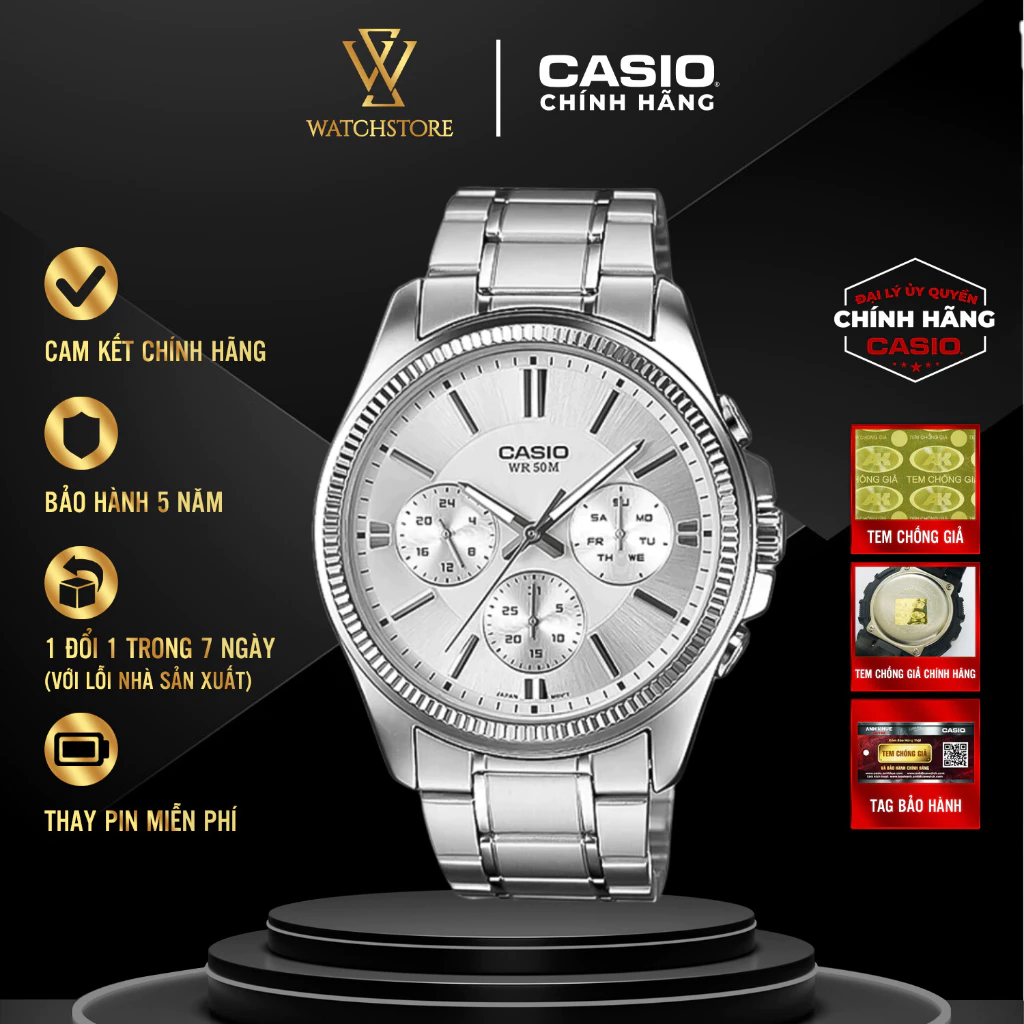 Đồng Hồ Nam Casio MTP-1375D Dạ Quang, Mặt Trắng 42mm, Dây Kim Loại, Bảo Hành 5 Năm