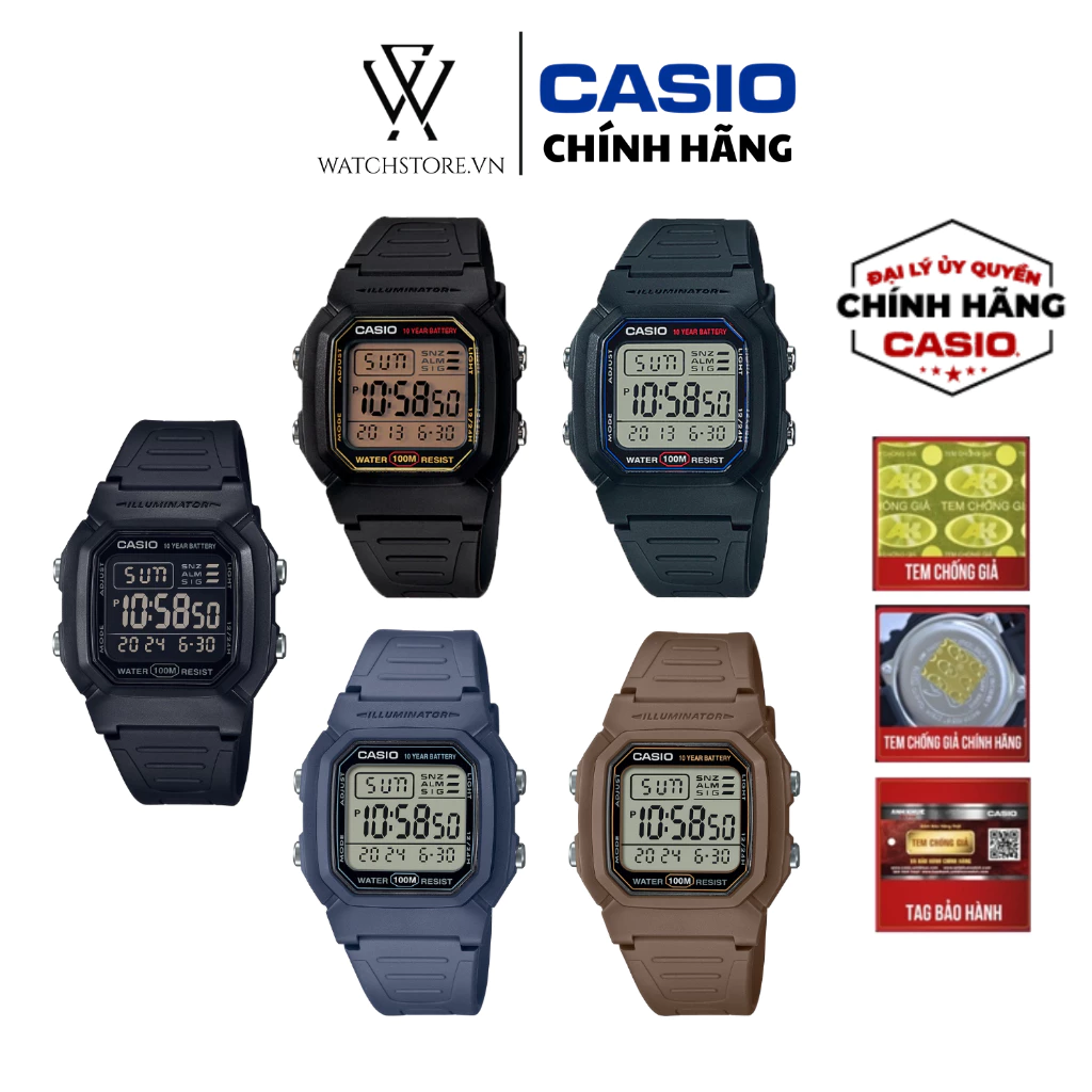 Đồng Hồ Nam Casio W-800 Pin 10 Năm, Chống Nước 100M, Báo Thức, Bấm Giờ Thể Thao
