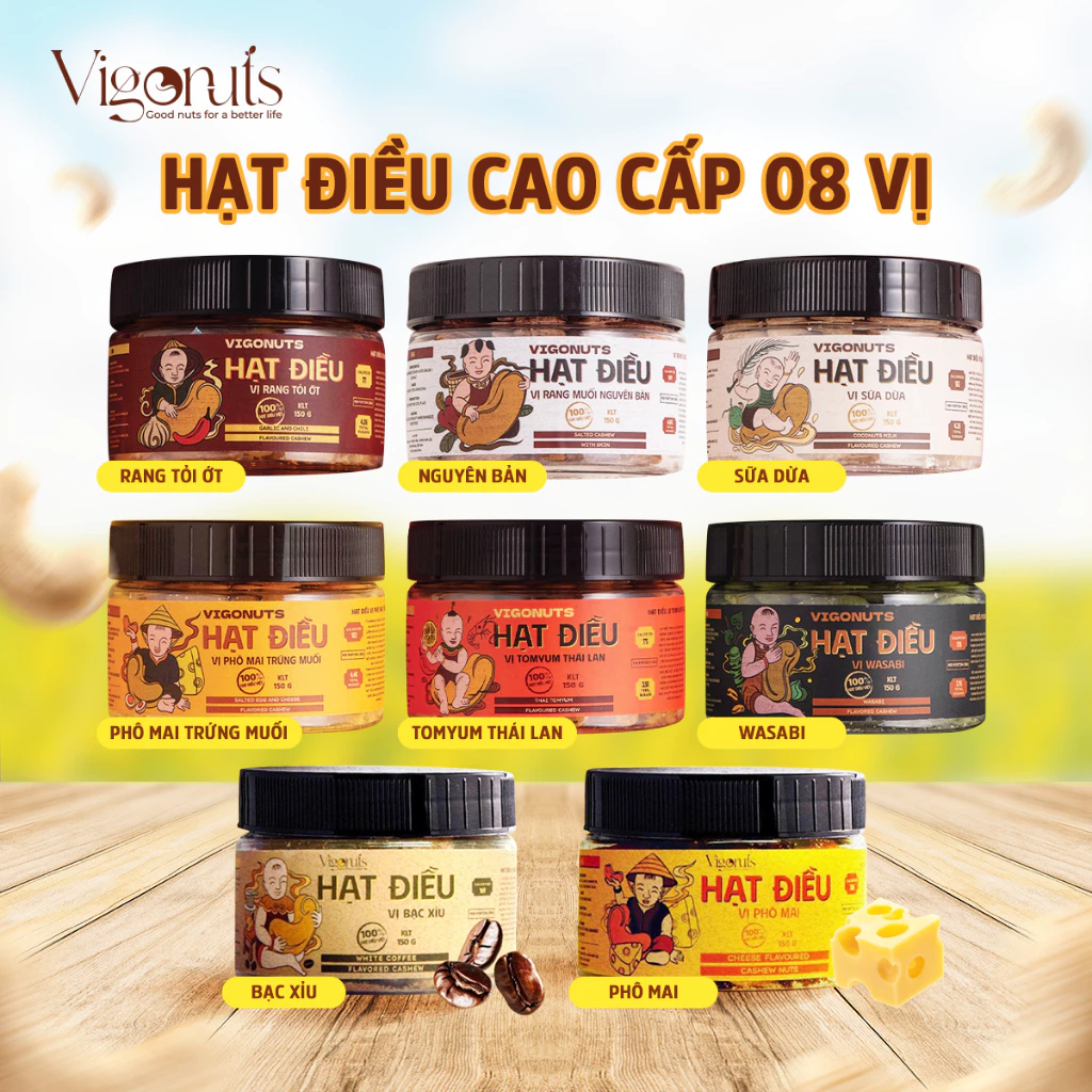 Hạt Điều VIGONUTS 8 Vị Thơm Giòn, Hộp 150g - Quà Tặng Sức Khỏe