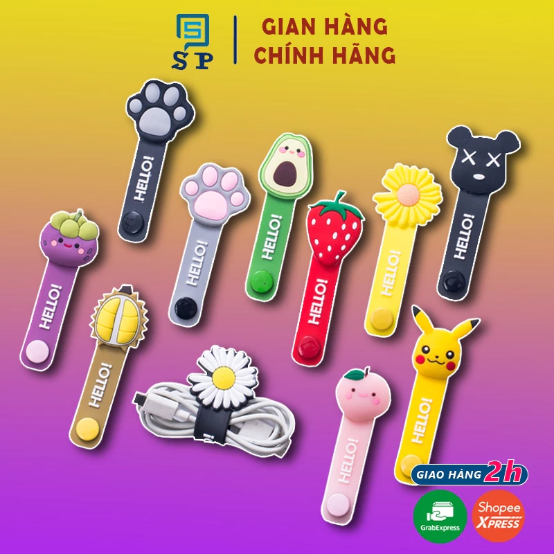 Kẹp Sắt Dây Quấn Cáp Silicon Họa Tiết Cute - Chống Rối, Bảo Vệ Tai Nghe, Sạc