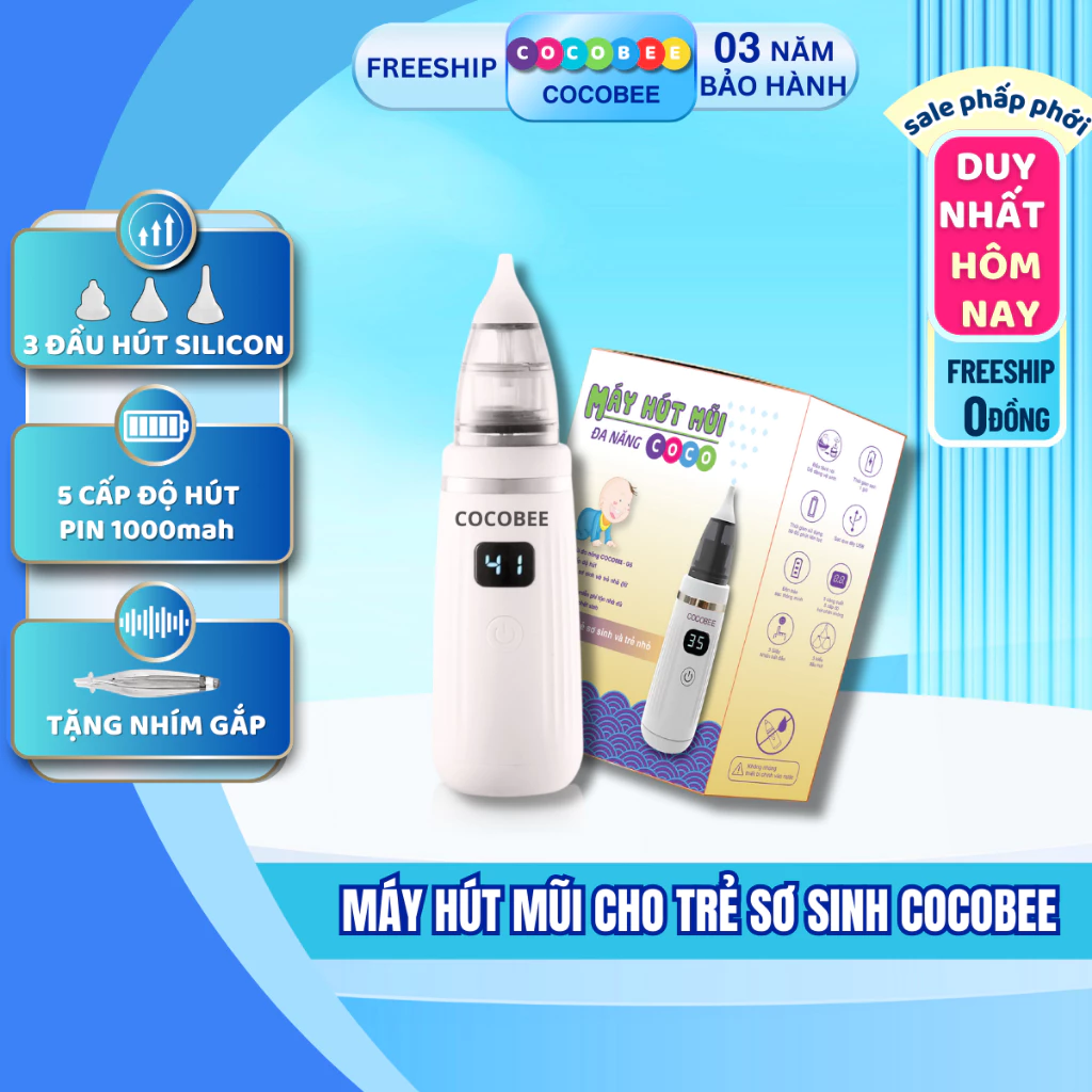 Máy Hút Mũi Điện Tử Cocobee 5 Cấp Độ - 3 Đầu Silicon Mềm, An Toàn Cho Trẻ Sơ Sinh