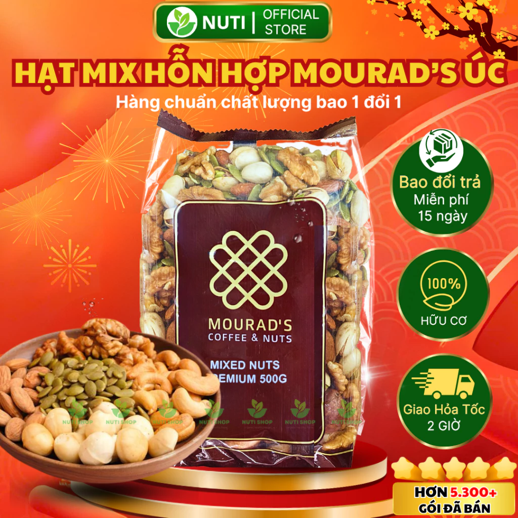 Mix 5 Hạt Cao Cấp Mourad's Úc 500g - Hạnh Nhân, Macca, Óc Chó, Hạt Dẻ Cười, Bí Xanh