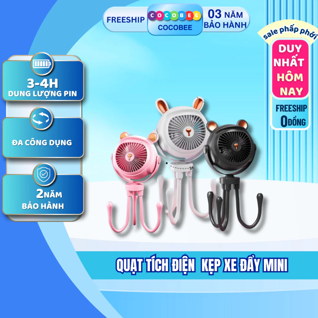 Quạt Mini Tích Điện 3 Tốc Độ, Chân Bạch Tuộc Linh Hoạt, Có Đèn Ngủ - Tiện Dụng Mọi Lúc Mọi Nơi