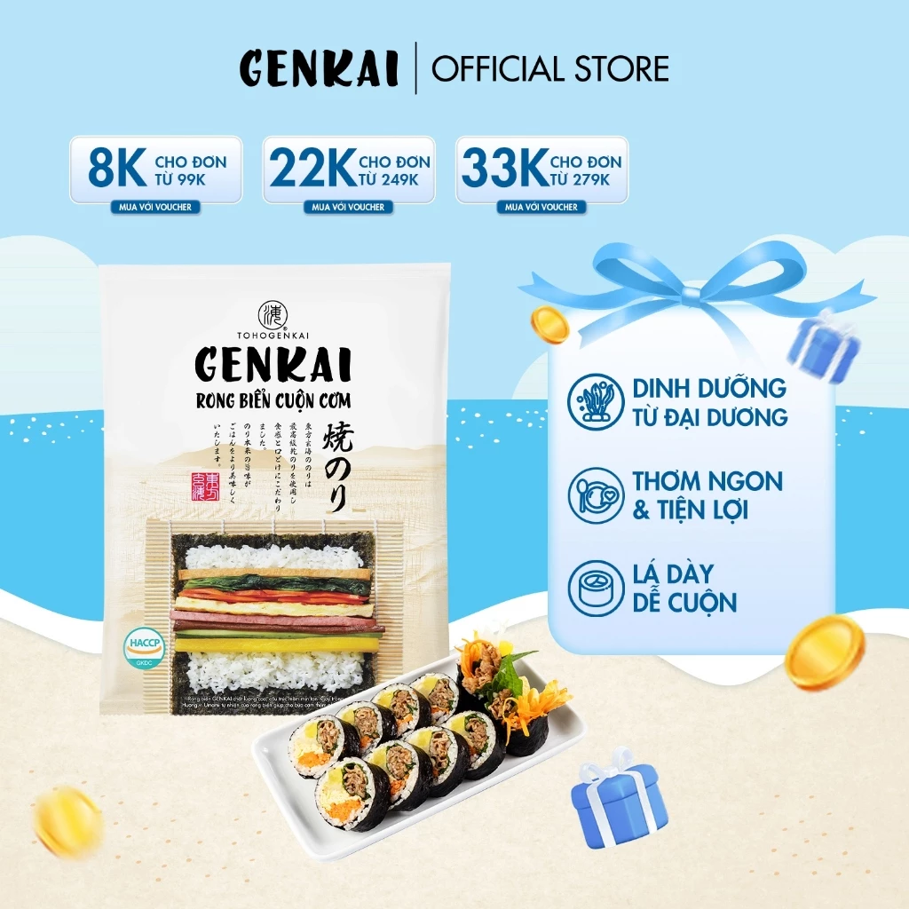 Rong Biển Cuộn Cơm Hàn Quốc GENKAI 20g - Lá Dày Dai, 9 Lá/Gói, Không Tanh