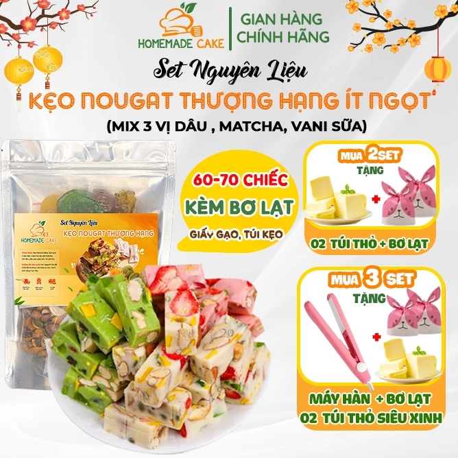 Set Nguyên Liệu Làm Kẹo Nougat 3 Vị Hạt Giòn, Ít Ngọt - Thành Phẩm 60-70 Viên