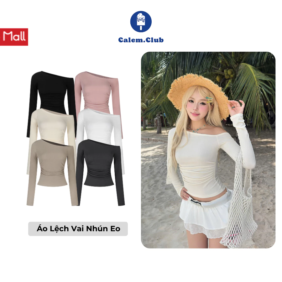 Áo Lệch Vai Calem Dài Tay Nhún Eo - Vải Co Giãn Mềm Mại, Tôn Dáng Tối Đa