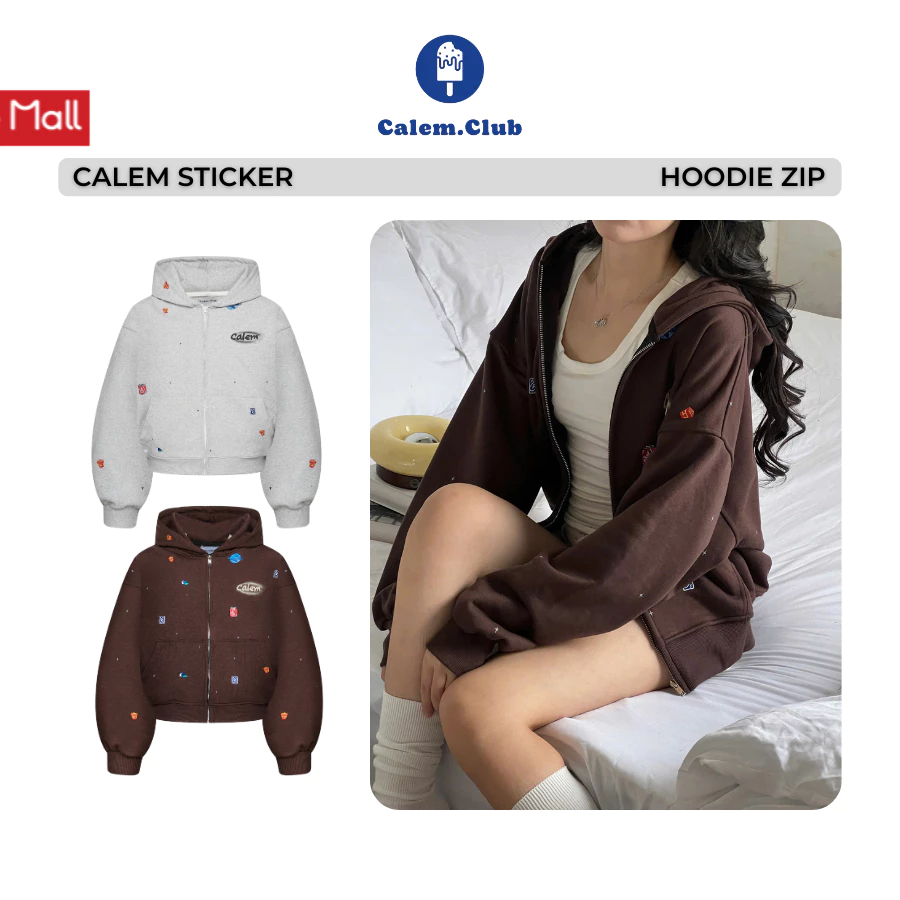 Áo Hoodie Zip CALEM STICKER Nỉ Chân Cua Không Xù Lông, Form Boxy Unisex - Ấm Áp Mùa Đông