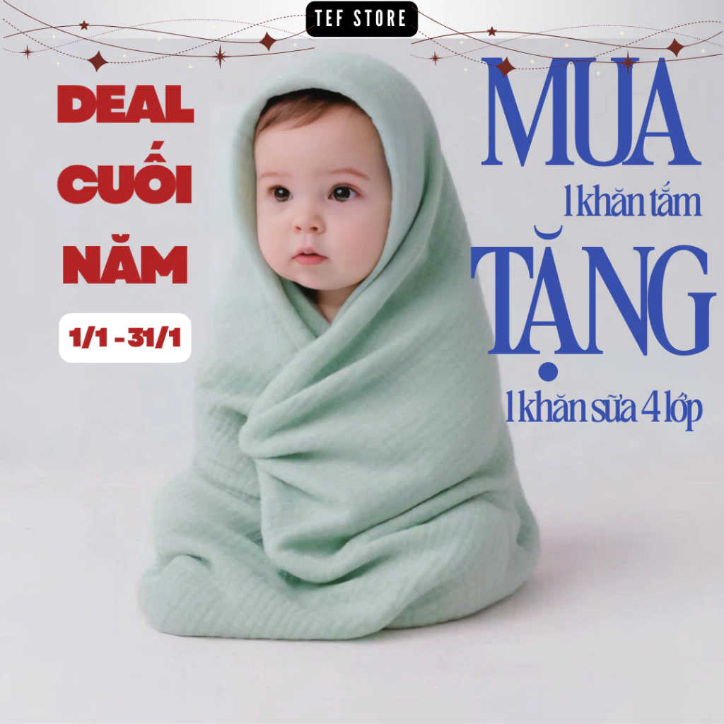 Khăn Tắm Bông Tự Nhiên 4 Lớp 100x100cm Cho Bé - Mềm Mịn, Siêu Thấm