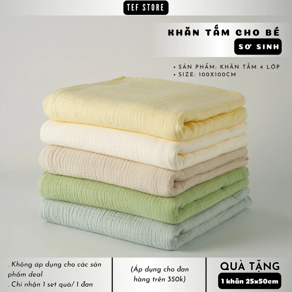Khăn Ủ Tắm Bé 100x100cm 4 Lớp Bông Mềm Mịn, Thấm Hút Tốt - TEF