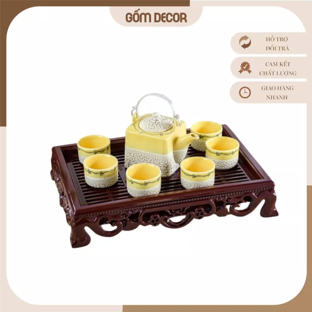 Bộ Ấm Chén Gốm Bát Tràng Men Tro - 1 Ấm 6 Chén - Quà Tặng Tinh Tế