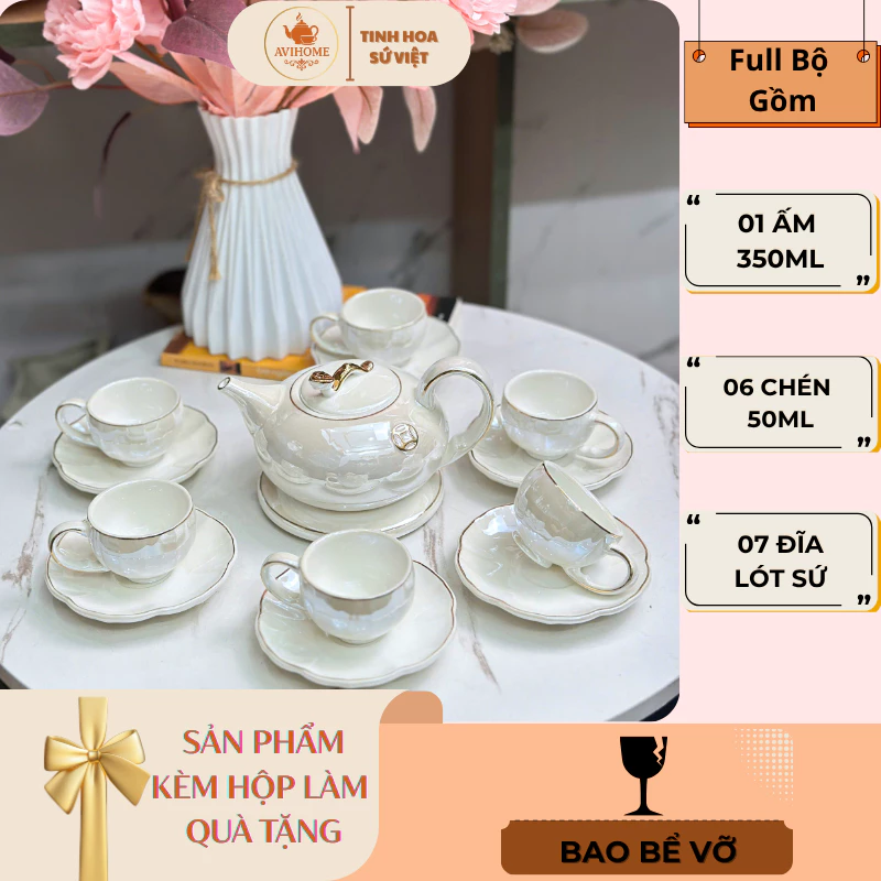 Bộ Ấm Chén Sứ Trắng Ngà Viền Vàng 7 Món - Quà Tặng Sang Trọng, Phòng Khách Đẹp