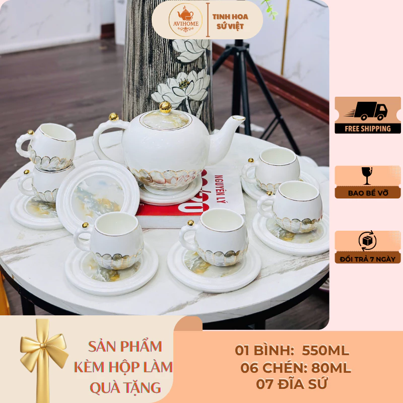 Bộ Ấm Chén Sứ Trắng Vân Đá DKS J3-1A Sang Trọng - Quà Tặng Tết Đẳng Cấp