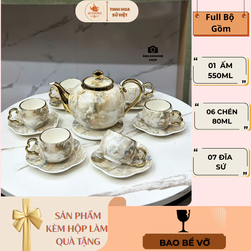 Bộ Ấm Chén Sứ Vân Đá Mạ Vàng Sang Trọng - Ấm 550ml + 6 Chén + Đĩa Lót