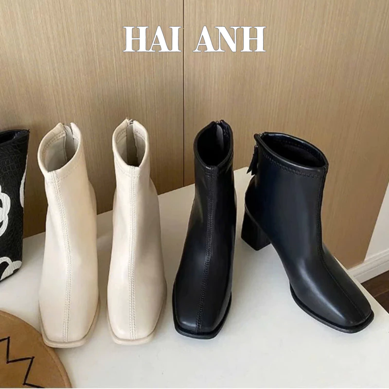 Bốt Nữ Da PU Cổ Cao Đế 7cm Lót Lông Ấm Áp - Form Đứng Thanh Lịch