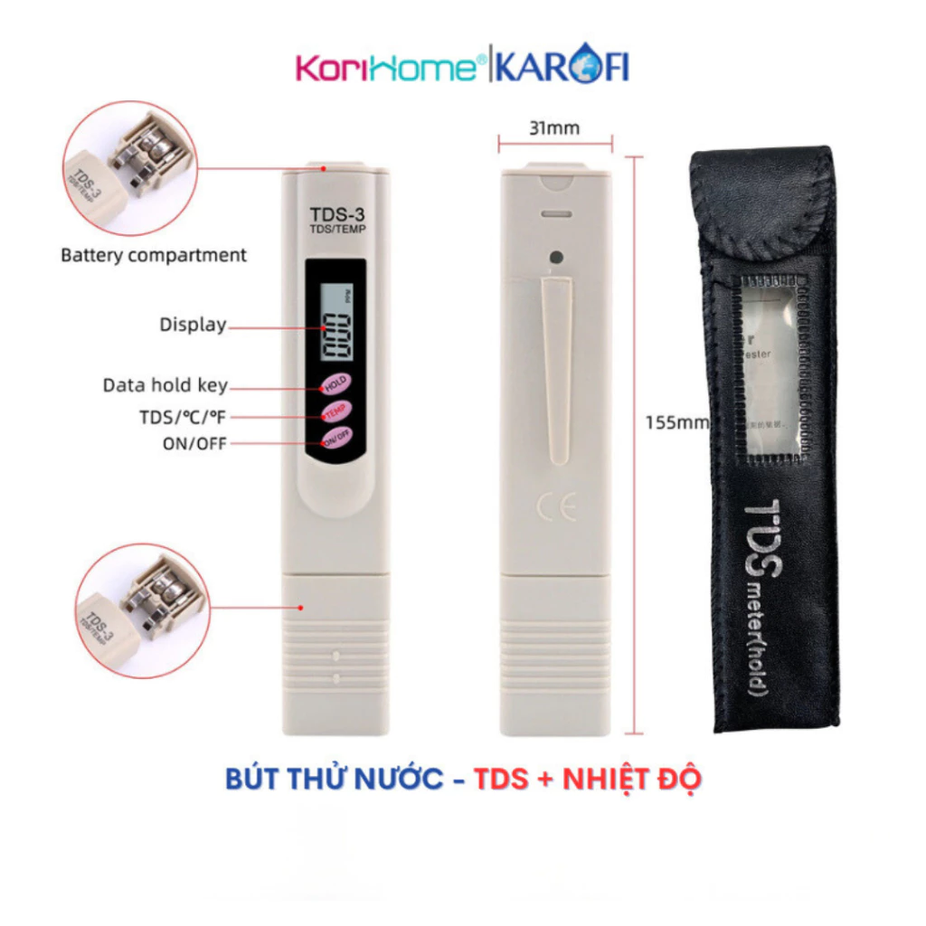 Bút Đo TDS & Nhiệt Độ Nước Chính Xác, Kiểm Tra Nước Sạch, Đi Kèm Bao Da