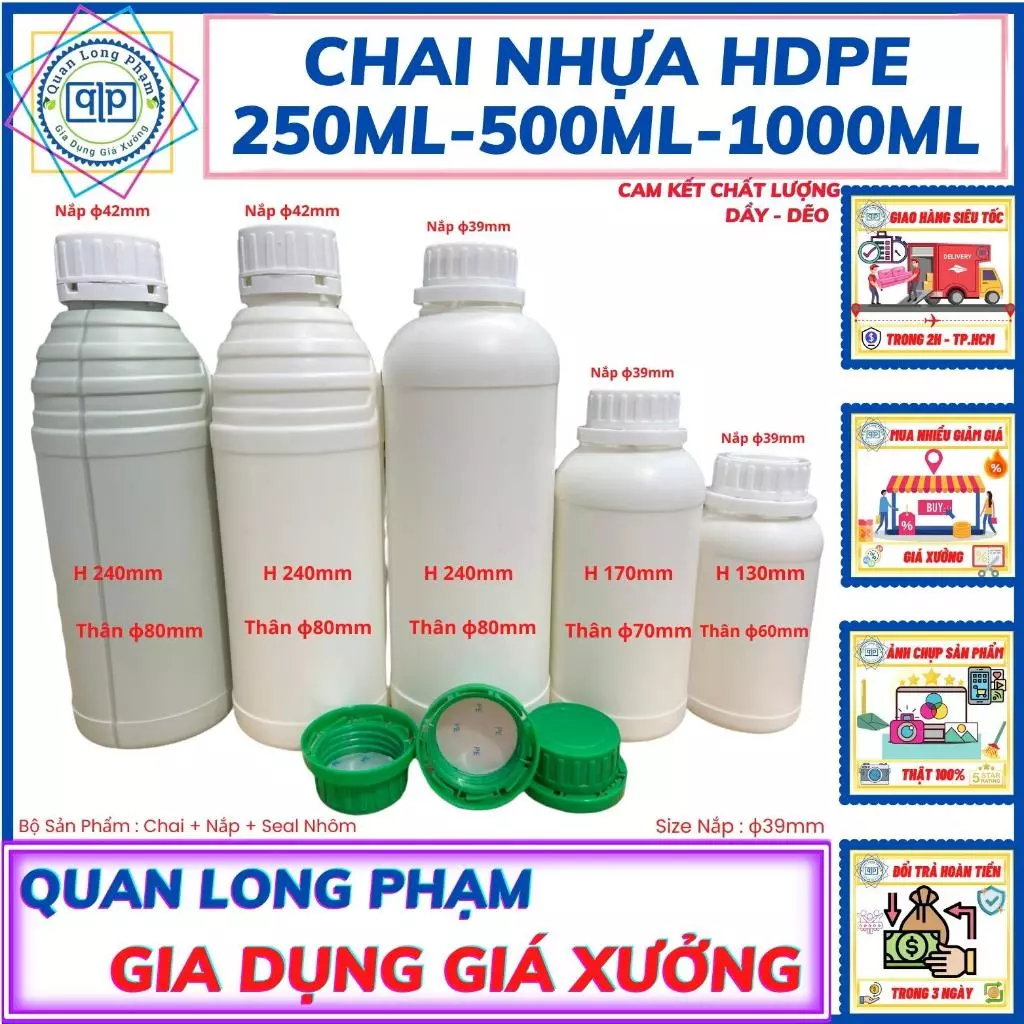 Chai Nhựa HDPE 250ml-500ml-1000ml Siêu Dày, Nắp Seal Khò Nhiệt Chống Tràn - Chuyên Nông Dược
