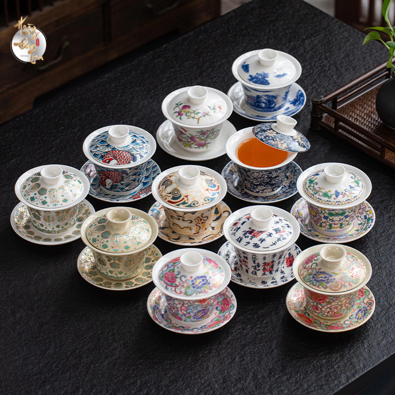 Chén Khải Tam Tài Men Tro - Ấm Chén Pha Trà Cổ Điển Sang Trọng, Quà Tặng Tinh Tế