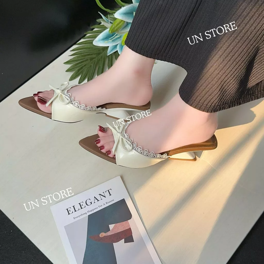 Dép Cao Gót 5cm Quai Ngang Đính Nơ - Tôn Dáng Chân Tròn Đầy, Phong Cách Nàng Thơ