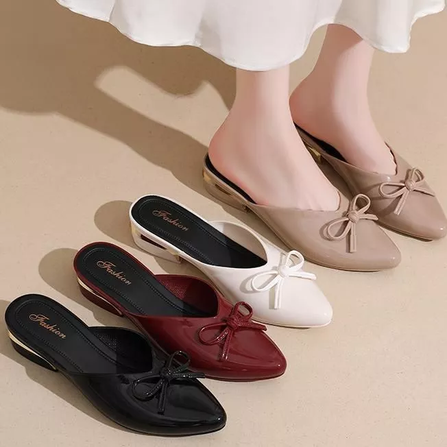 Dép Sục Nữ Mũi Nhọn Gắn Nơ Da Bóng - Sang Chảnh, Mềm Mại Cho Công Sở