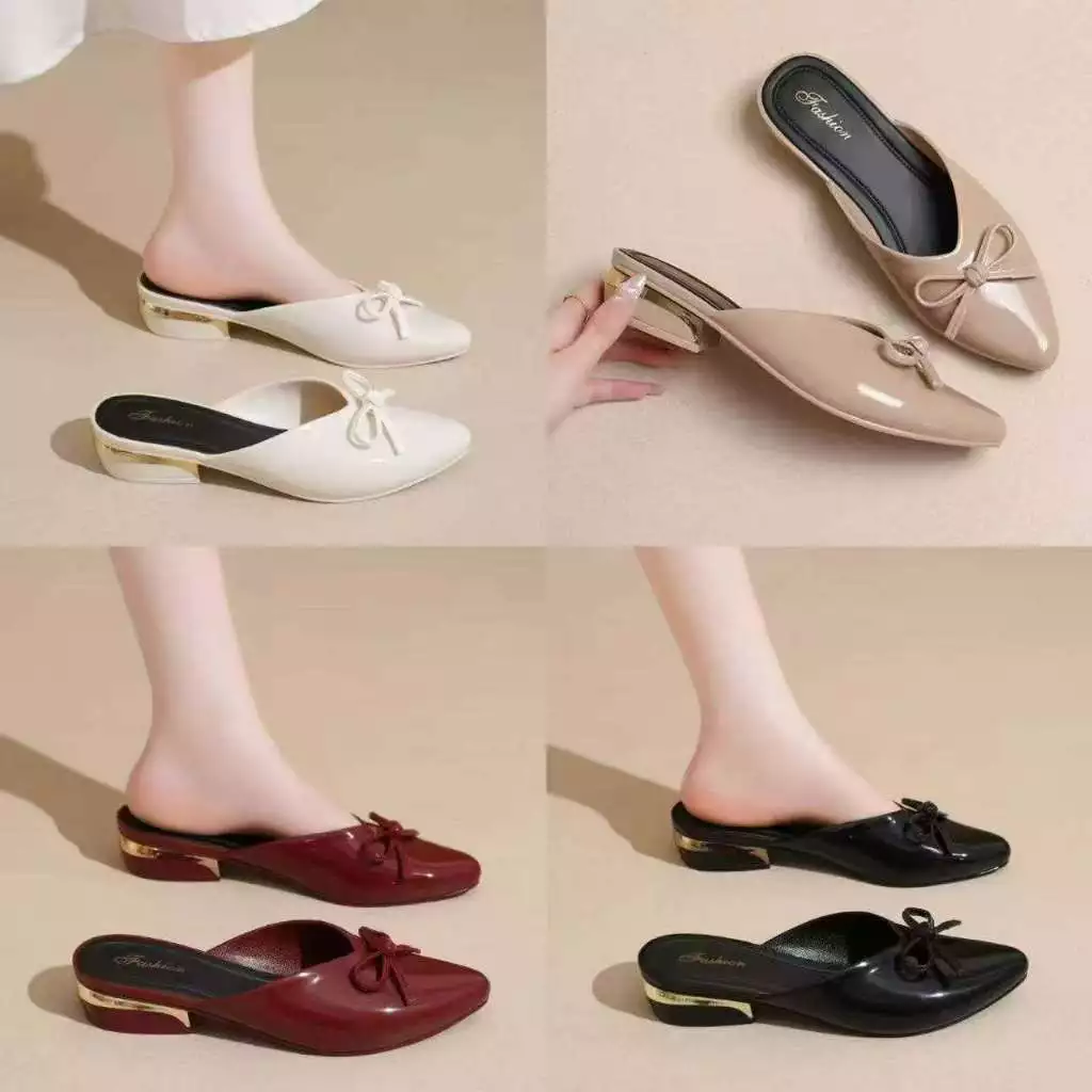 Dép Sục Nữ Mũi Nhọn Gắn Nơ Sang Chảnh, Chất PU Mềm Không Thấm Nước