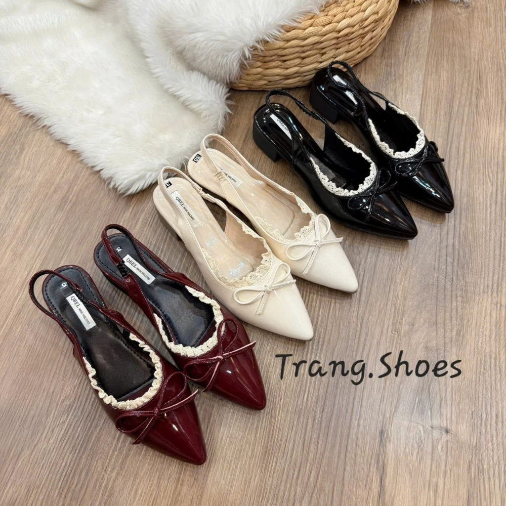 Giày Mũi Nhọn Phối Nơ Gót 3cm - Da Bóng Cao Cấp - Đen/Trắng Thanh Lịch