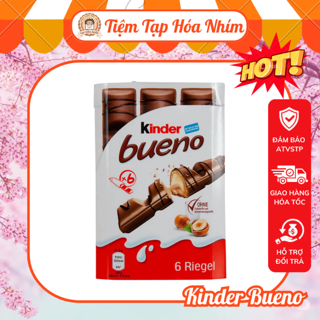 Kinder Bueno Nhân Hạt Dẻ 117g - 6 Thanh Socola Giòn Tan, Béo Ngậy Từ Đức