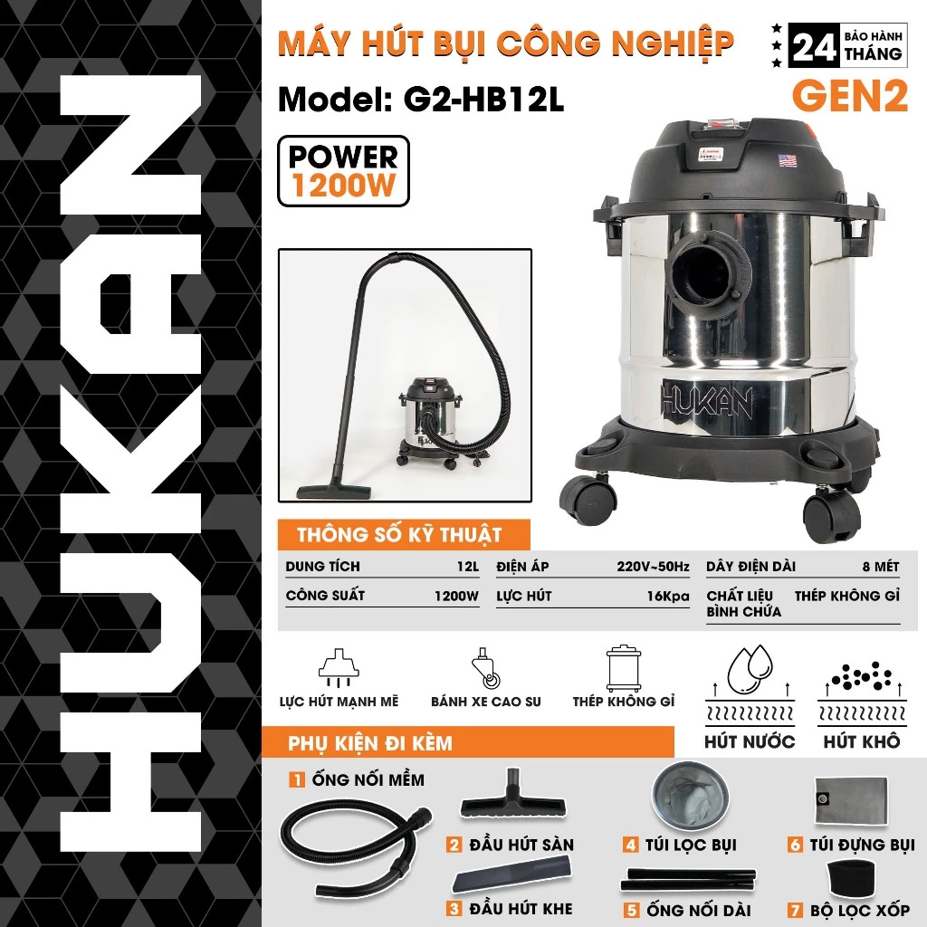 Máy Hút Bụi Công Nghiệp Hukan 12L 1200W - Lực Hút 16Kpa, Bảo Hành 24 Tháng