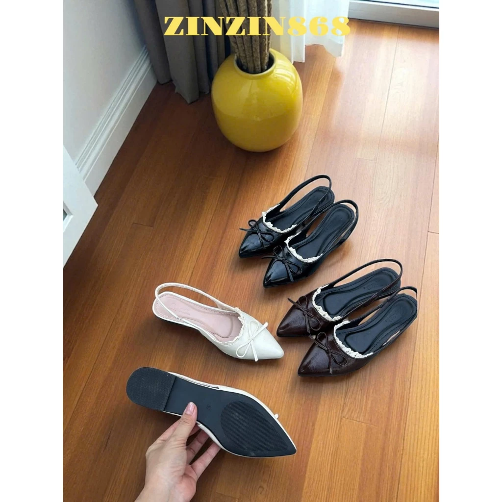 Sandal Nữ Mũi Nhọn Phối Ren Nơ Thanh Lịch - Form Chuẩn, 3 Màu Thời Thượng