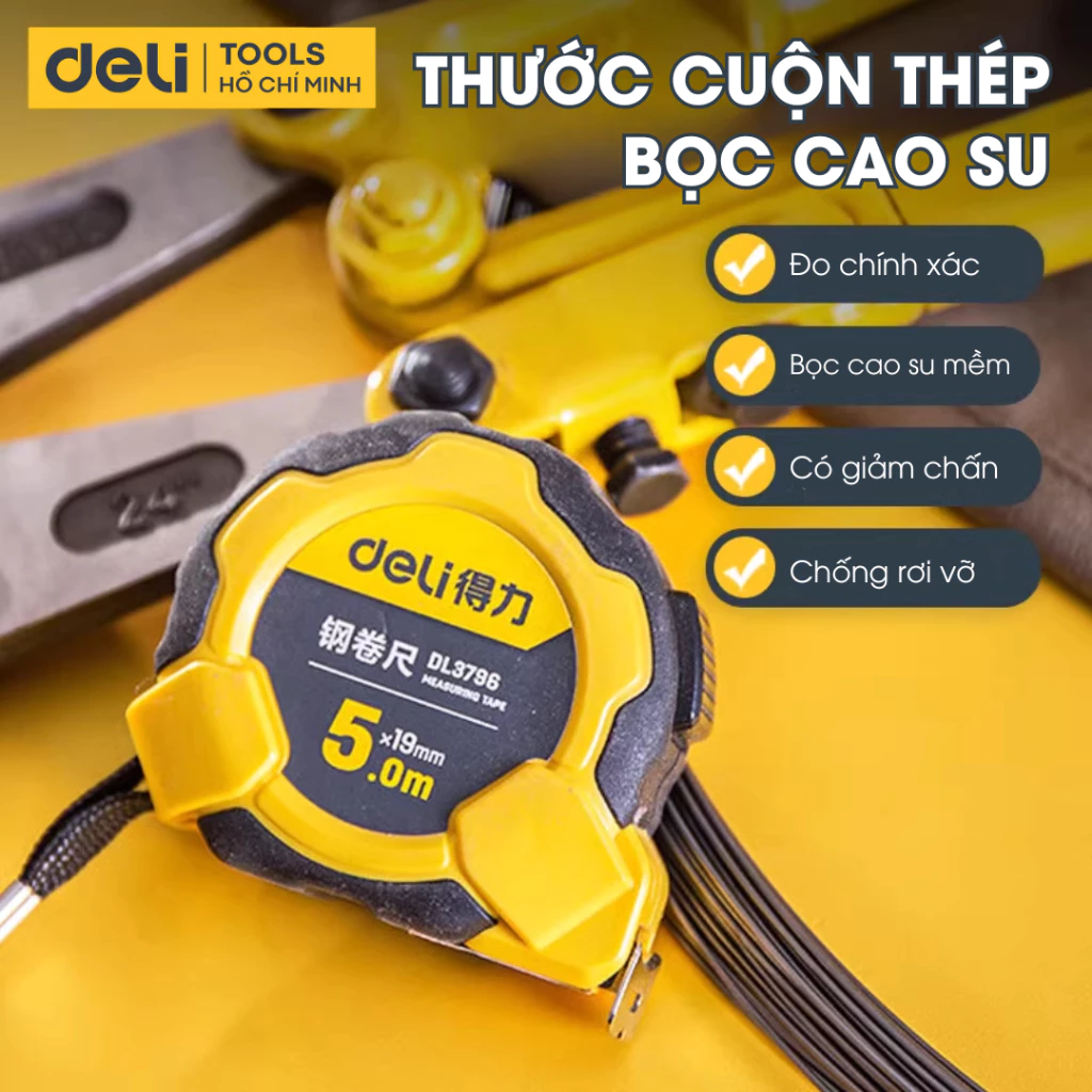 Thước Cuộn Thép Deli 10m Chống Sốc ABS - Bảo Hành 1 Đổi 1 Chính Hãng
