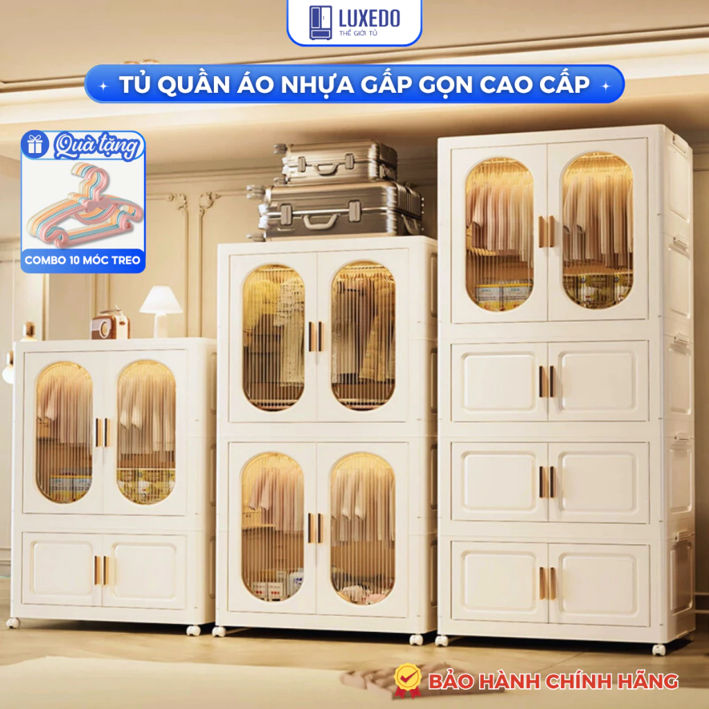 Tủ Nhựa 4 Tầng Gấp Gọn Cao 180cm Có Bánh Xe - Tặng 10 Móc Treo, Không Cần Lắp Đặt