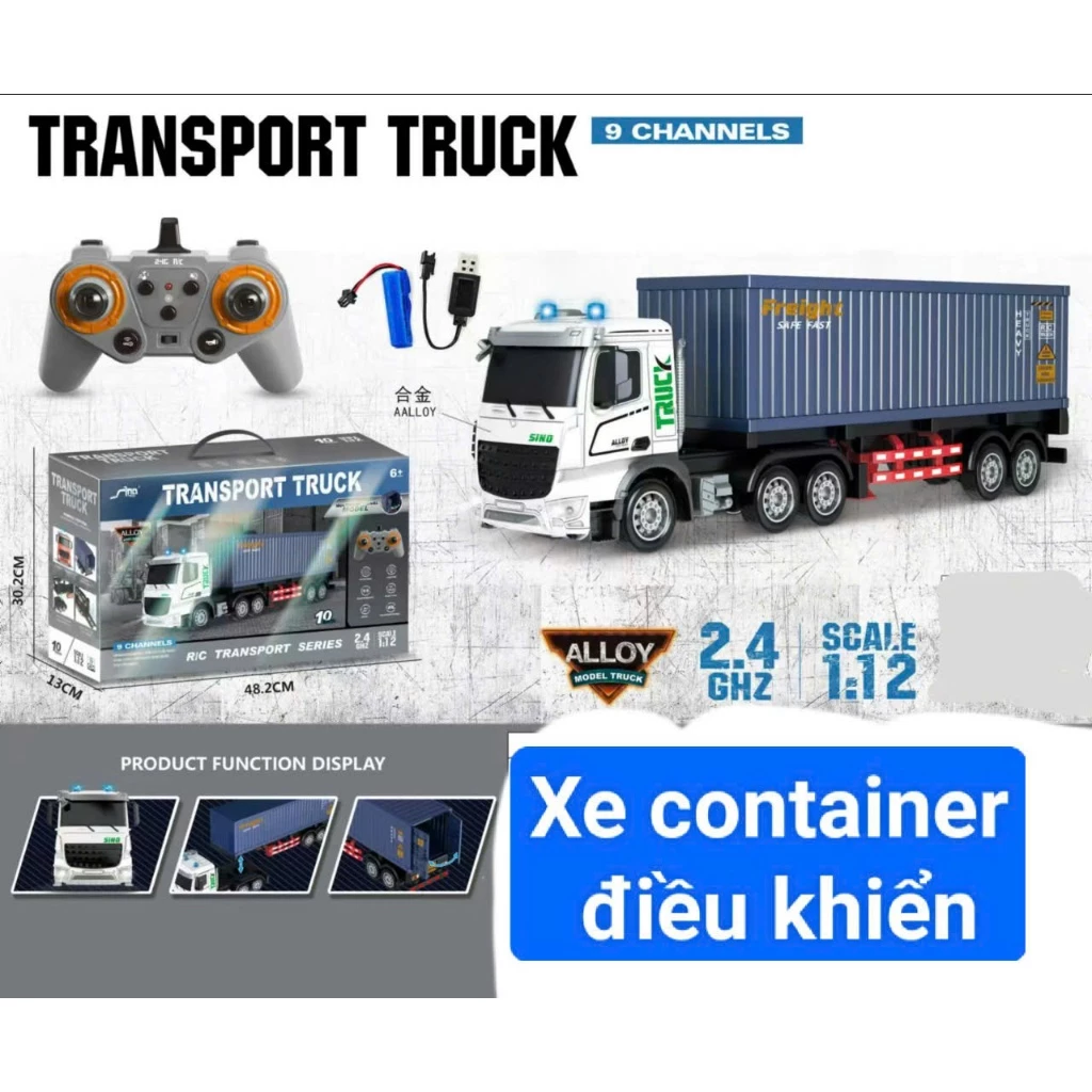 Xe Container Điều Khiển Từ Xa 9 Kênh 1:12 - Đèn LED, Âm Thanh Chân Thực, Hợp Kim Bền