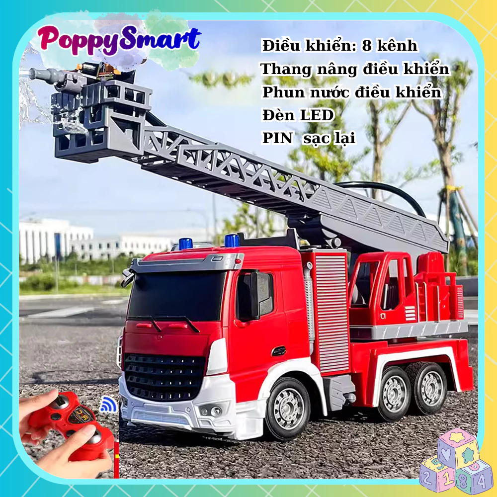 Xe Cứu Hỏa Điều Khiển Từ Xa 8 Kênh - Phun Nước, Nâng Thang, Đèn LED, Pin Sạc