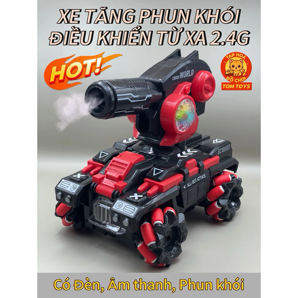 Xe Tăng Điều Khiển Phun Khói GC169 - Xoay 360 Độ, Đèn Led, Âm Thanh Sống Động