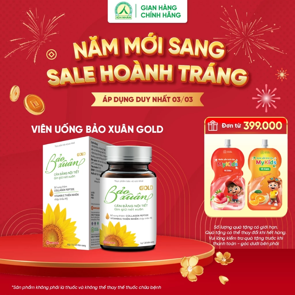 Bảo Xuân Gold 120 Viên - Cân Bằng Nội Tiết, Giảm Khô Hạn, Da Sáng Mịn Từ Bên Trong