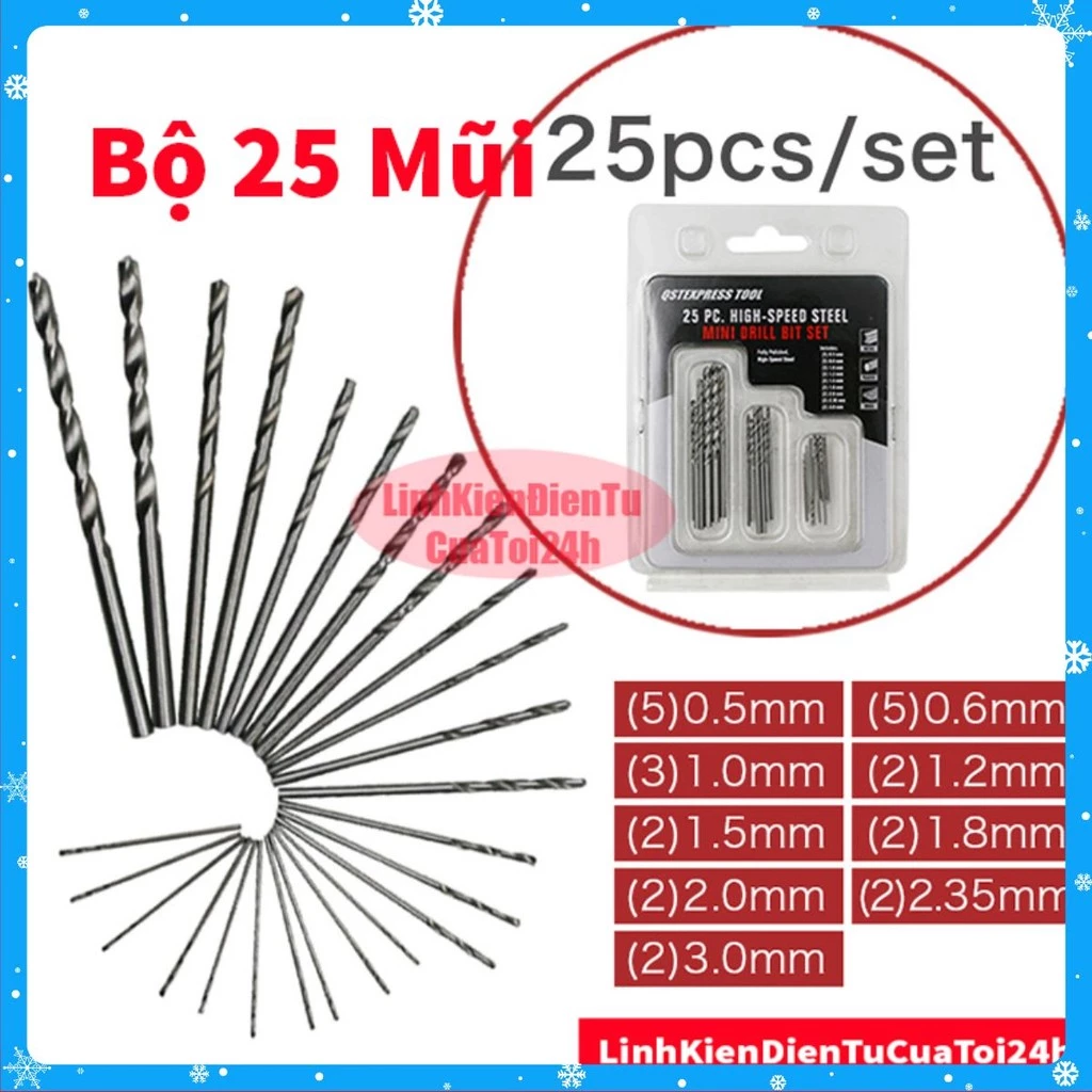 Bộ 25 Mũi Khoan Thép Xoắn HSS 0.5-3.0mm - Đầy Đủ Kích Cỡ, Khoan Chính Xác