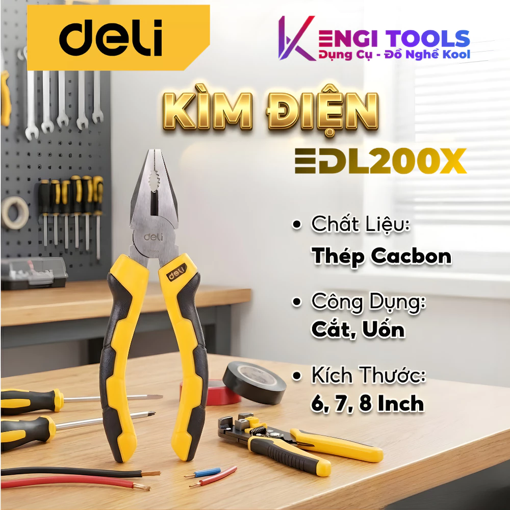 Bộ 3 Kìm Cắt Điện Deli 6-7-8 Inch Chính Hãng - Thép Carbon 55# Cắt Ngọt, Cầm Êm Tay
