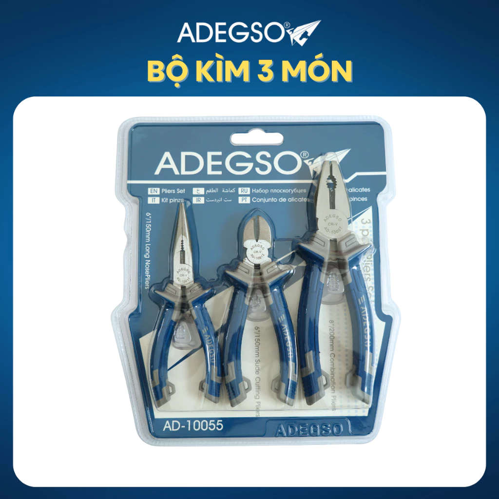 Bộ Kìm 3 Món Adegso Cr-V Chuyên Dụng - Kìm Cắt, Mỏ Nhọn, Răng Cứng Cáp