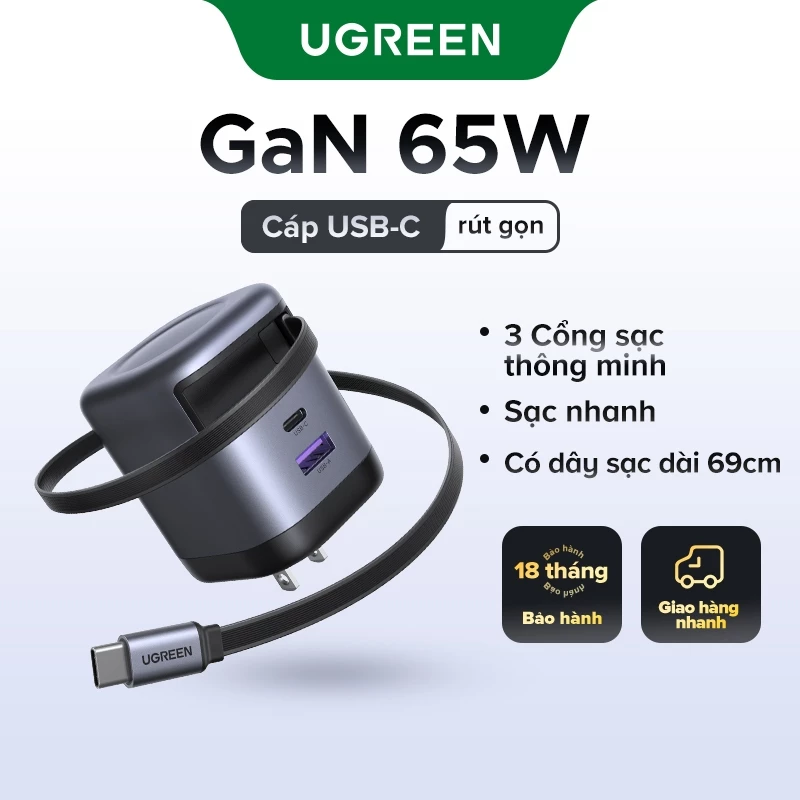 Bộ Sạc GaN UGREEN 65W 2 Cổng, Cáp Gập Gọn - Sạc Nhanh iPhone Samsung