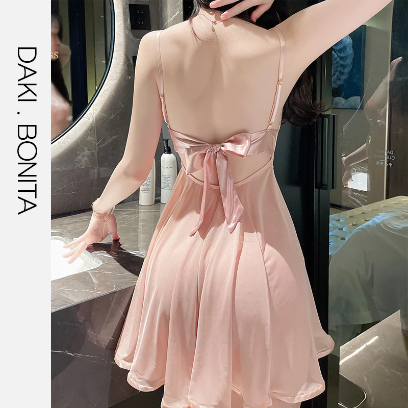 Bộ Váy Ngủ 2 Dây Xuyên Thấu Hở Lưng Quyến Rũ - Tặng Kèm Quần Lót Lọt Khe