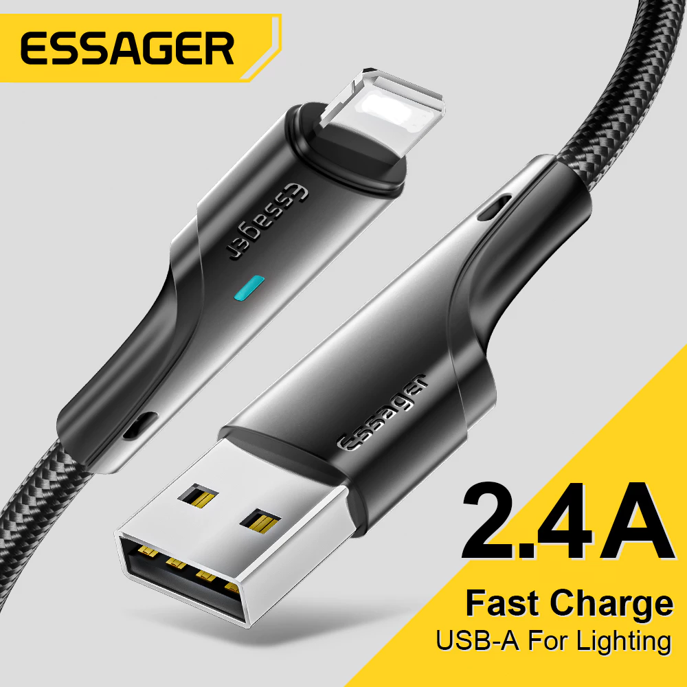 Cáp Sạc Nhanh ESSAGER 2.4A Có Đèn LED Báo Sạc, Dây Bện Siêu Bền