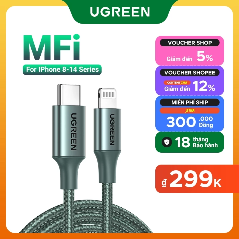 Cáp Sạc Nhanh UGREEN 20W MFi Chính Hãng Cho iPhone 12-14, iPad, AirPods
