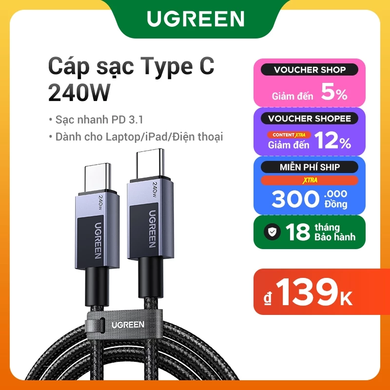 Cáp Ugreen 240W PD3.1 Type C Bện Dài 480Mbps - Sạc Siêu Nhanh Macbook, iPhone 15