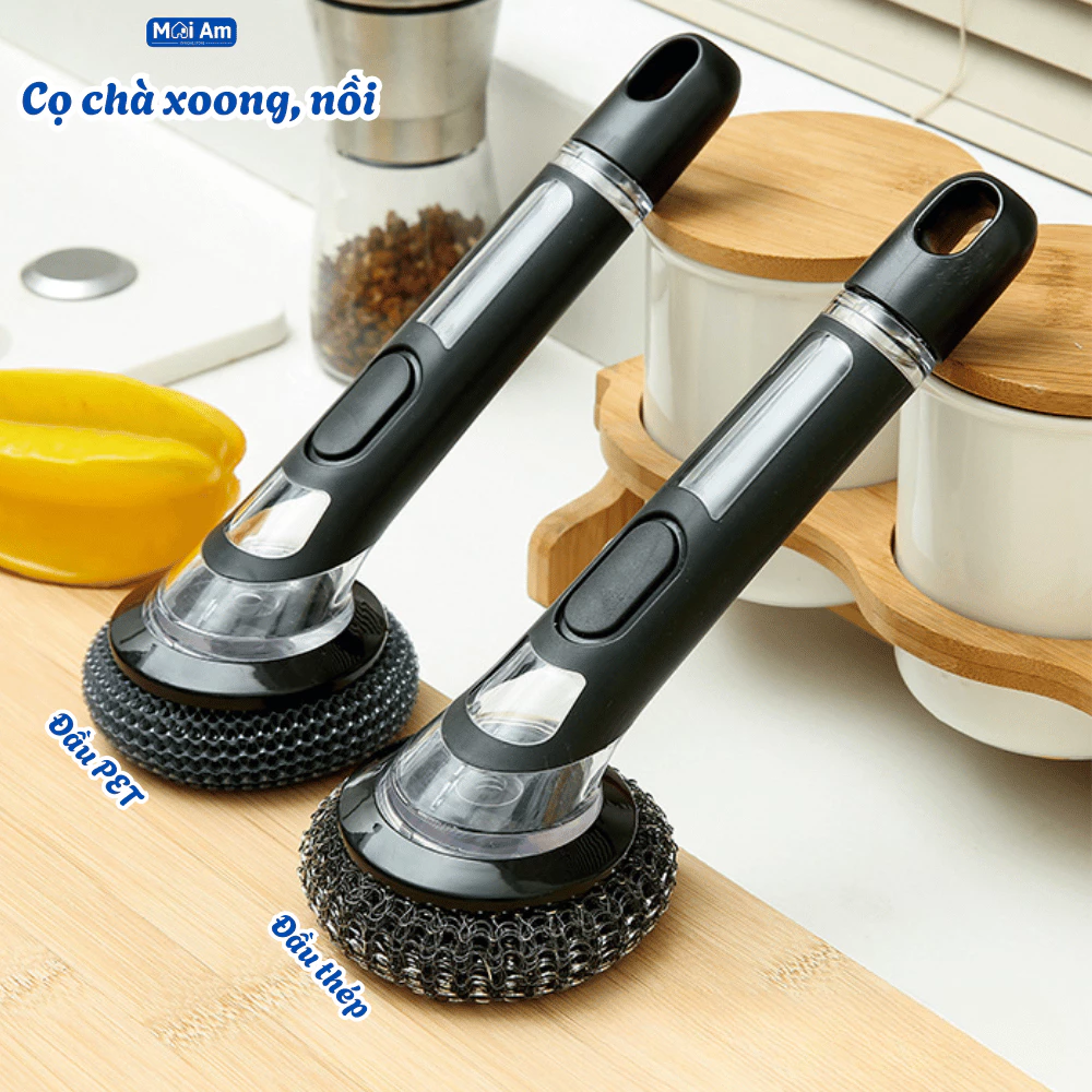 Cọ Rửa Xoong Nồi Cán Dài 22cm, Tích Hợp Bình Đựng Nước Rửa Chén Tiện Lợi