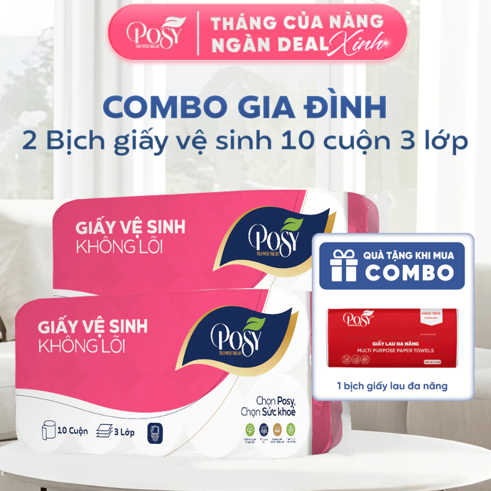 Combo 2 Bịch Giấy Vệ Sinh Posy 10 Cuộn 3 Lớp - Mềm Mịn, Tiết Kiệm Cho Gia Đình