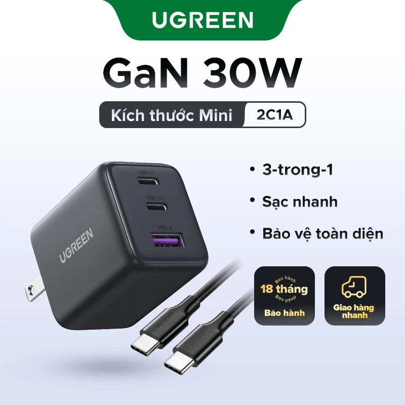 Củ Sạc GaN 30W 3 Cổng UGREEN Nexode - Sạc Nhanh iPhone 16, Galaxy S24
