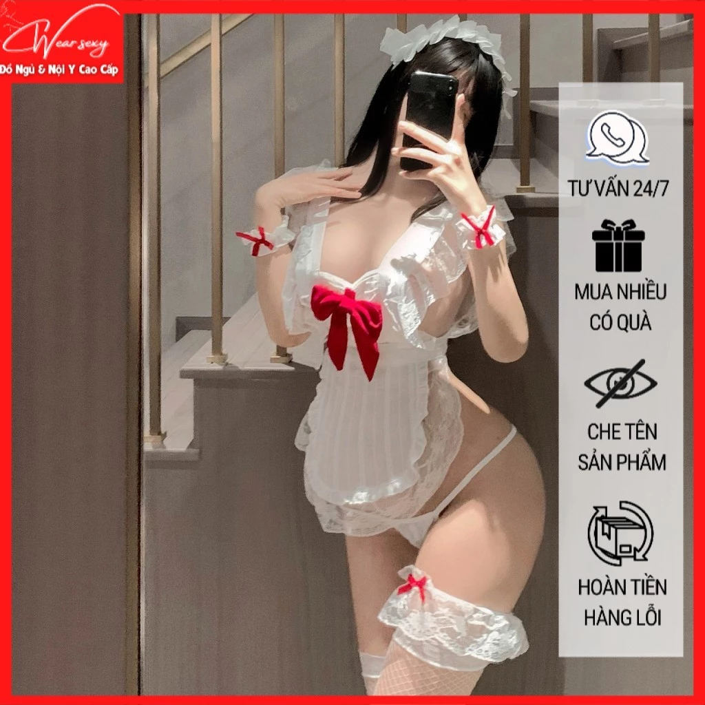 Đồ Lót Gợi Cảm Hầu Gái Cổ Nơ Đỏ Quyến Rũ - Chất Cotton Mềm Mại